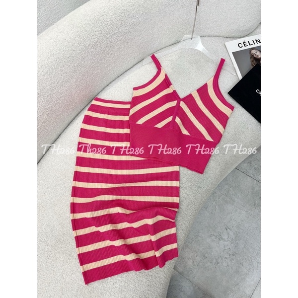 Set Váy Len Hai Dây Kẻ Màu Hồng Pink Cực Yêu Luôn, Len dày loại một V065