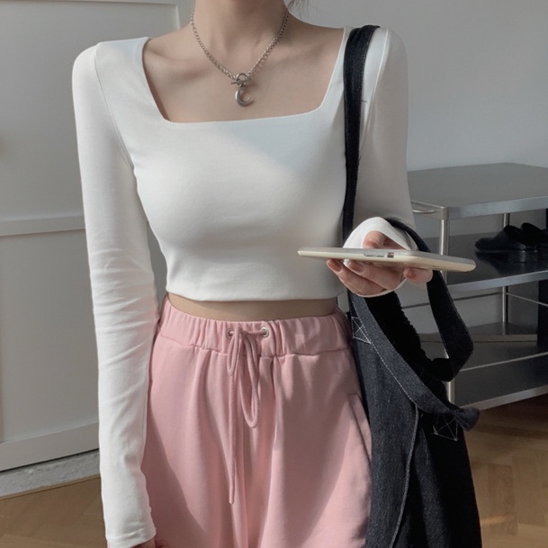 Áo Thun Crop Top Tay Dài Cổ Vuông Phong Cách Mới Dành Cho Nữ