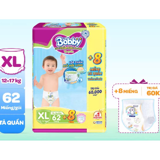 [Đủ Size] Tã Quần Siêu Thấm Bobby M74, L68, XL62, XXL56