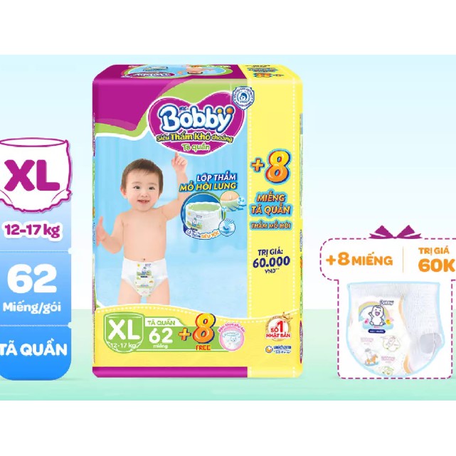 [Đủ Size] Tã Quần Siêu Thấm Bobby M74, L68, XL62, XXL56