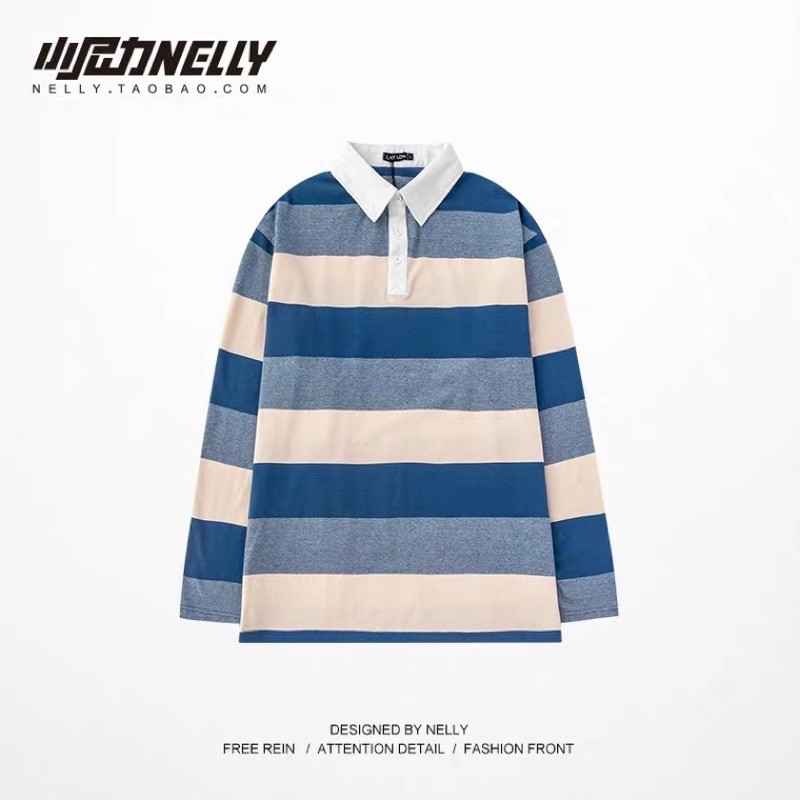 Áo polo kẻ dài tay  chất da cá Nelly Heybig form rộng dành cho nam và nữ 45 50