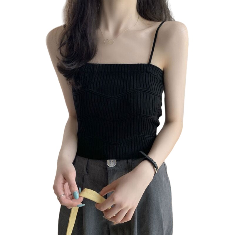 Brroa Áo Croptop Dệt Kim Trễ Vai Hai Dây Họa Tiết Kẻ Sọc Gợn Sóng Màu Trơn Thời Trang Mùa Hè Cho Nữ