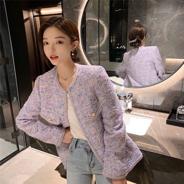 Áo khoác dạ tweed tím/hồng cổ tròn dáng ngắn