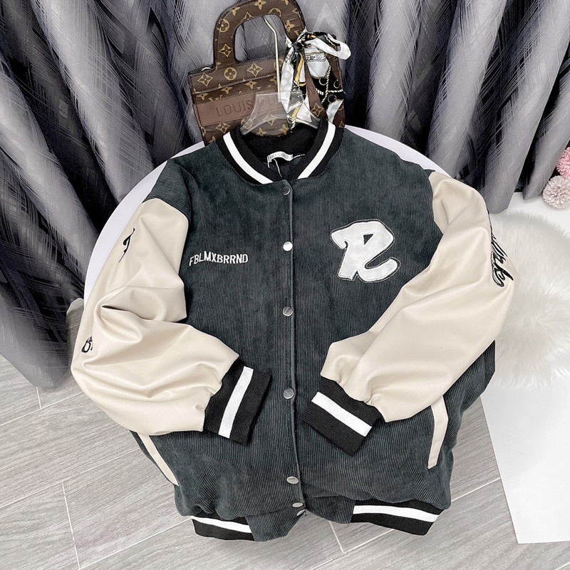 Áo Bomber Nhung Tay Da Chũ R , Tay Cổ Gấu Bo Dệt Xịn Xò