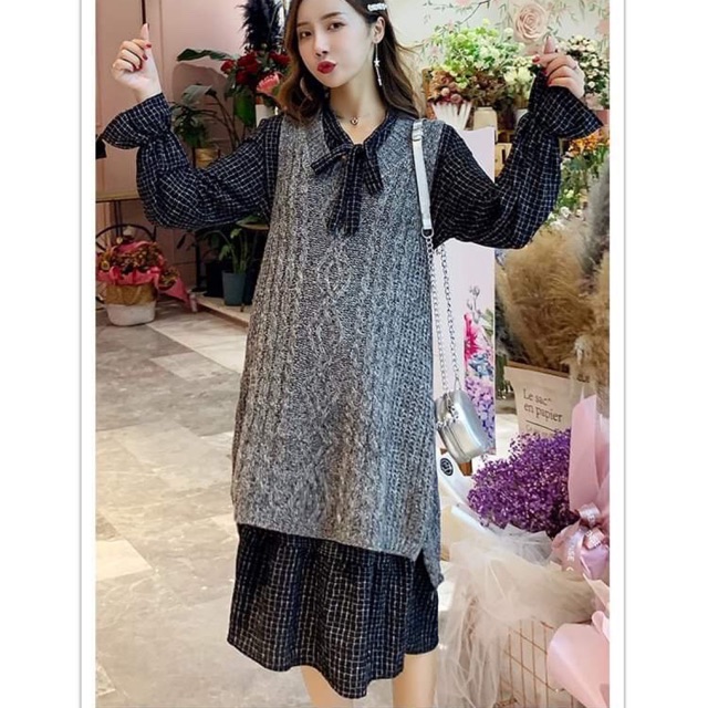 Set váy len + váy kẻ cổ nơ