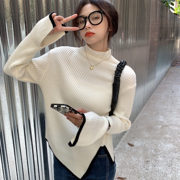 Áo sweater ZHELIHANGFEI vải dệt kim cổ lọ thiết kế độc đáo phong cách phương Tây