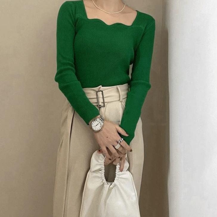 Áo Sweater Tay Dài Cổ Vuông Dáng Ôm Thời Trang Cho Nữ