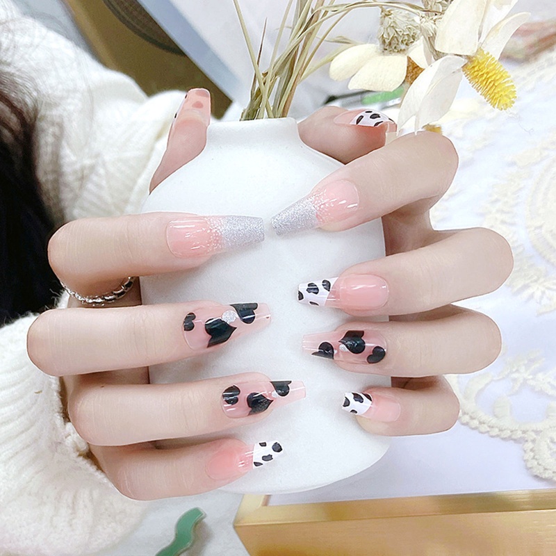 Time * Móng Tay Giả Dạng Nhấn Tháo Rời Được In Họa Tiết Bò Sữa Trái Tim Kiểu Pháp