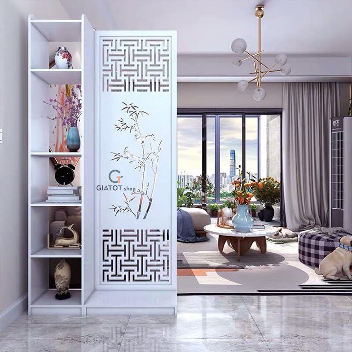 Bộ 2 vách ngăn liền 2 kệ hình cành trúc sang trọng GTS330 bằng gỗ cao cấp CNC chống mối,mọt