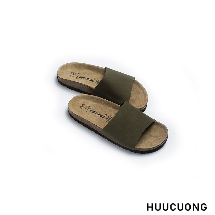 Dép unisex HUUCUONG 1 Quai Da Thật Màu Xanh Rêu Đế Trấu