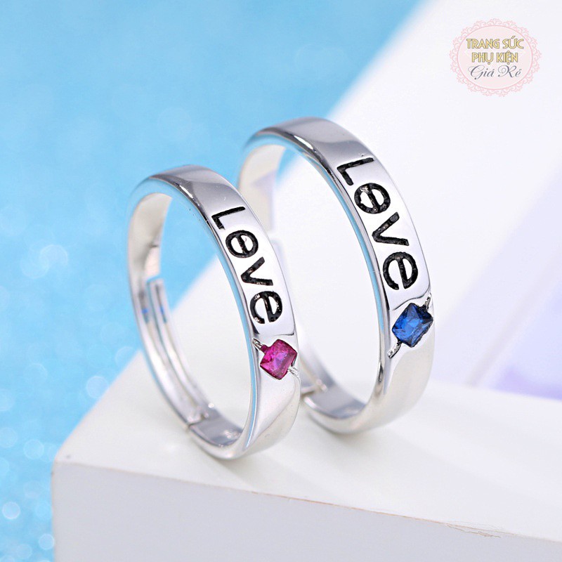 Nhẫn cặp nam nữ mẫu mới chữ LOVE hạt đá màu NC10, S925, giá rẻ