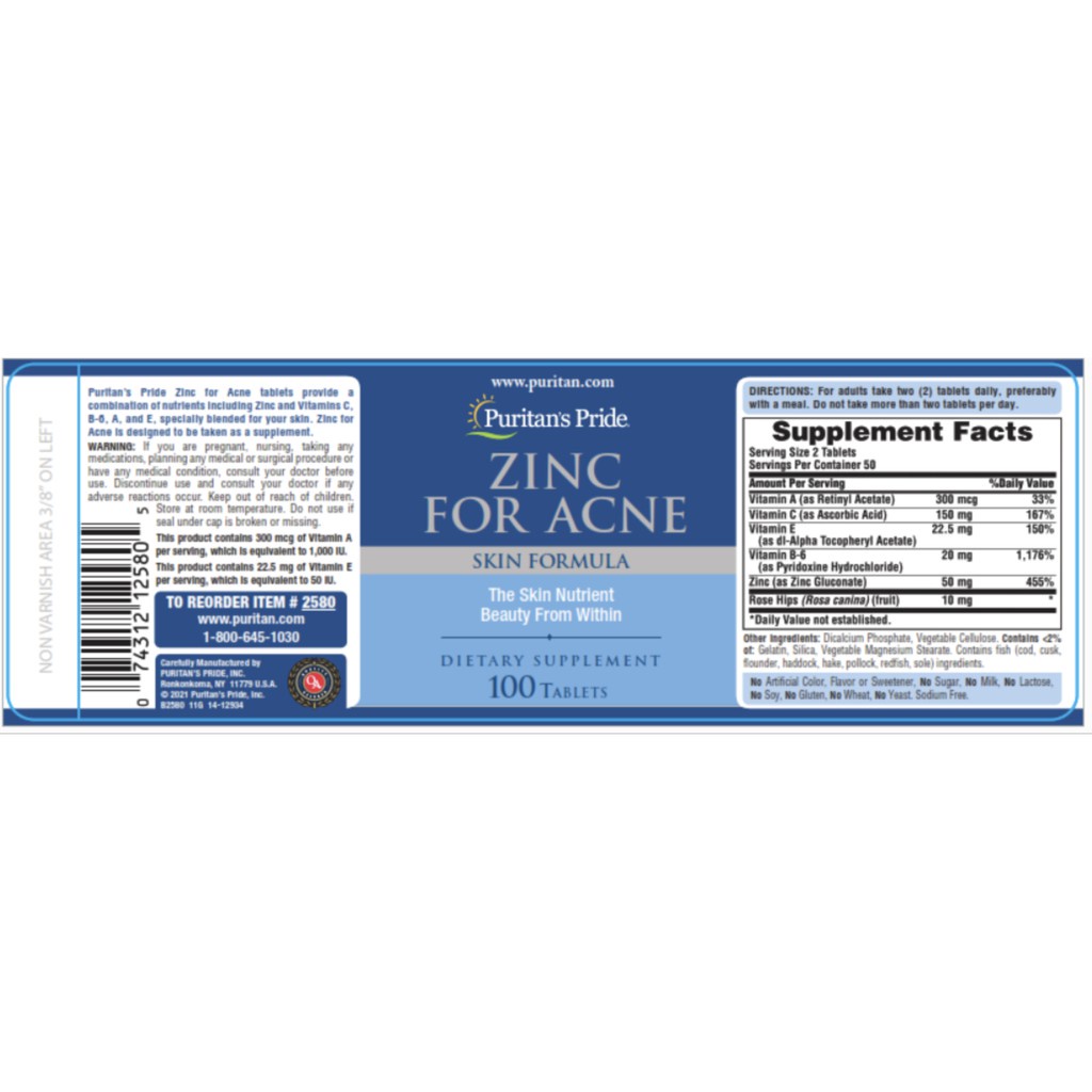 Viên uống kẽm giảm mụn Zinc For Acne Puritan's Pride 100v