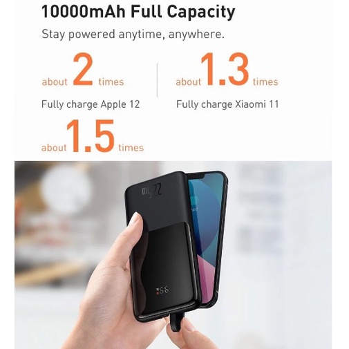 Pin dự phòng sạc nhanh 22.5W Baseus Elf Digital Display Fast Charge Power Bank 10000mAh ( tích hợp cáp Type C và iPhone)