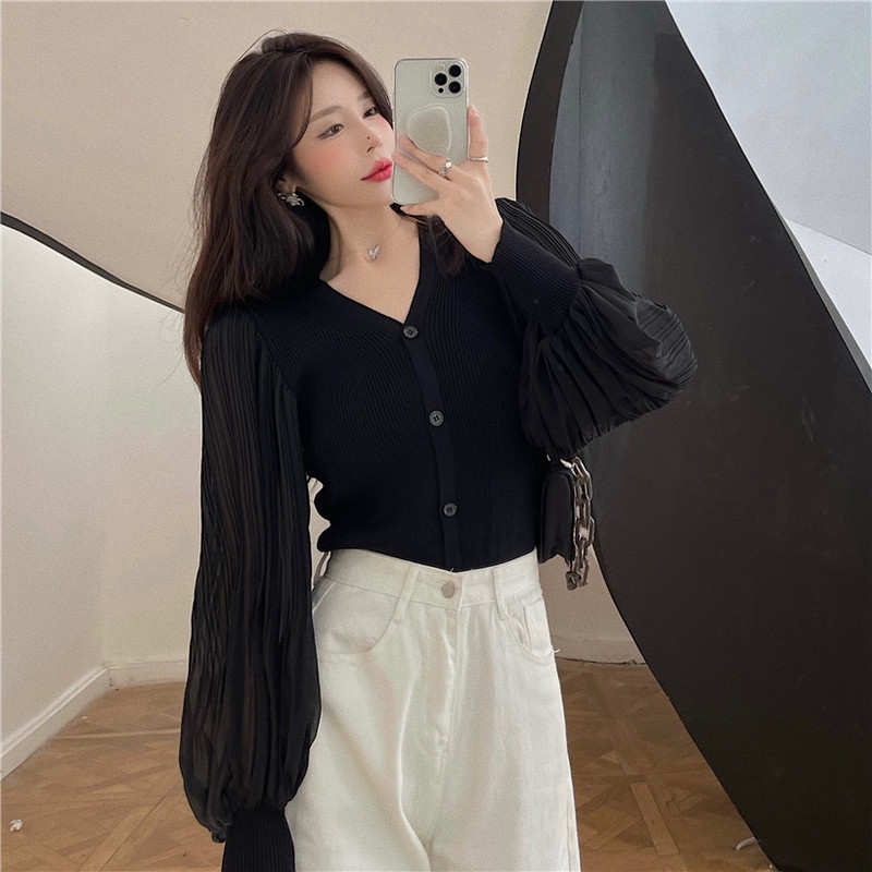 Áo Cardigan Dệt Kim Cổ Chữ V Tay Phồng Dáng Ôm Thời Trang Mùa Thu Hàng Mới Dành Cho Bạn Nữ 2021