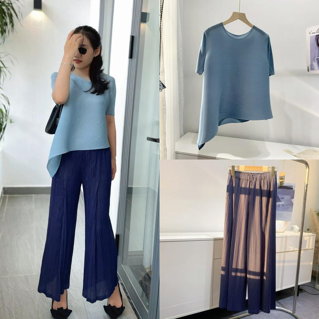 (HÀNG SẴN) Set áo lò xo nhuyễn cao cấp và quần ghép ly ống rộng - Set áo quần lò xo thanh lịch