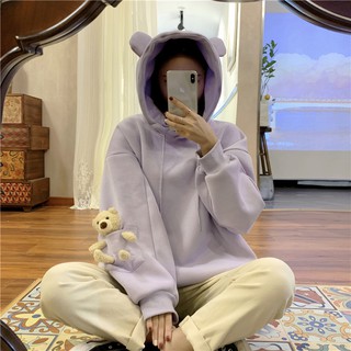 Áo hoodie nữ tay dài trơn không có túi gắn gấu bông ở tay áo ulzzang ( 3 màu )