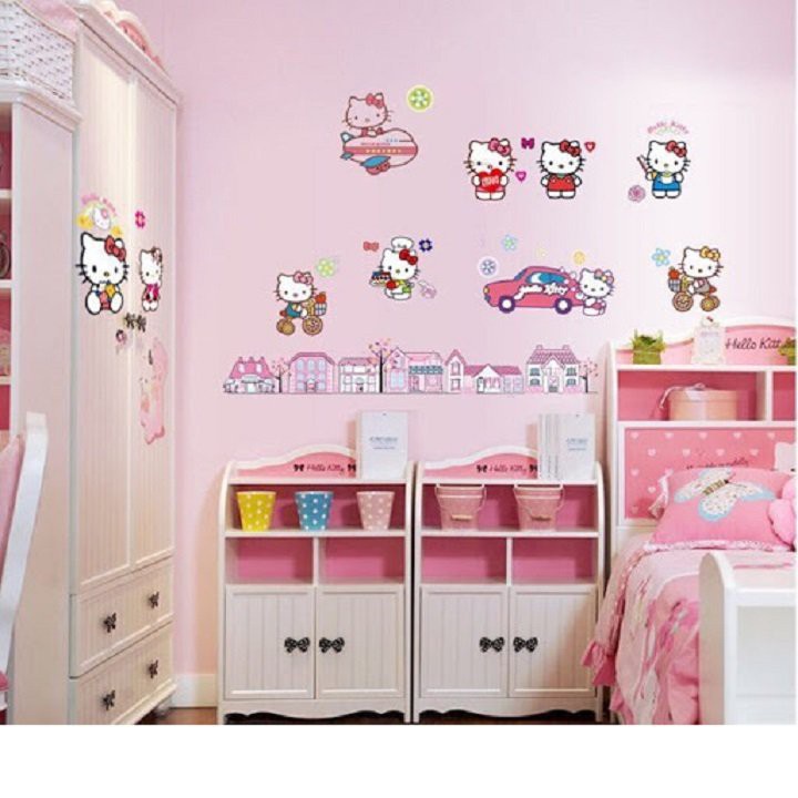 Tranh decal, decal dán tường trang trí phòng, tủ cho bé gái mèo hello kitty TE23.4
