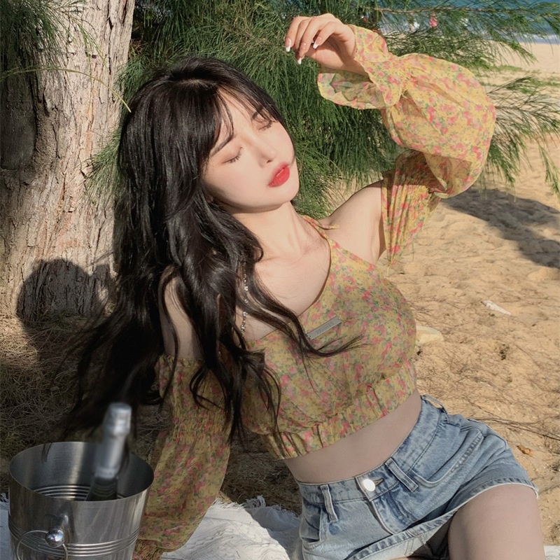 Áo Croptop Tay Dài Trễ Vai Siêu Ngắn In Họa Tiết Hoa Phong Cách Hàn Quốc Thời Trang Dành Cho Nữ