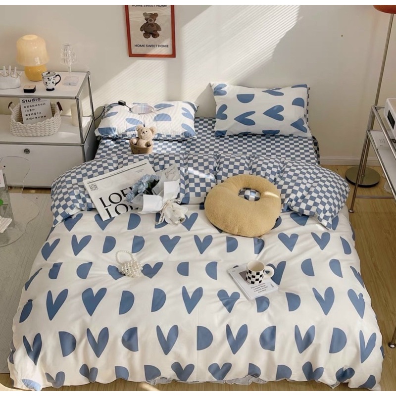 Bộ chăn ga giường cotton poly đáng yêu Suhali Shop, vỏ chăn mền, drap nệm và 2 vỏ gối