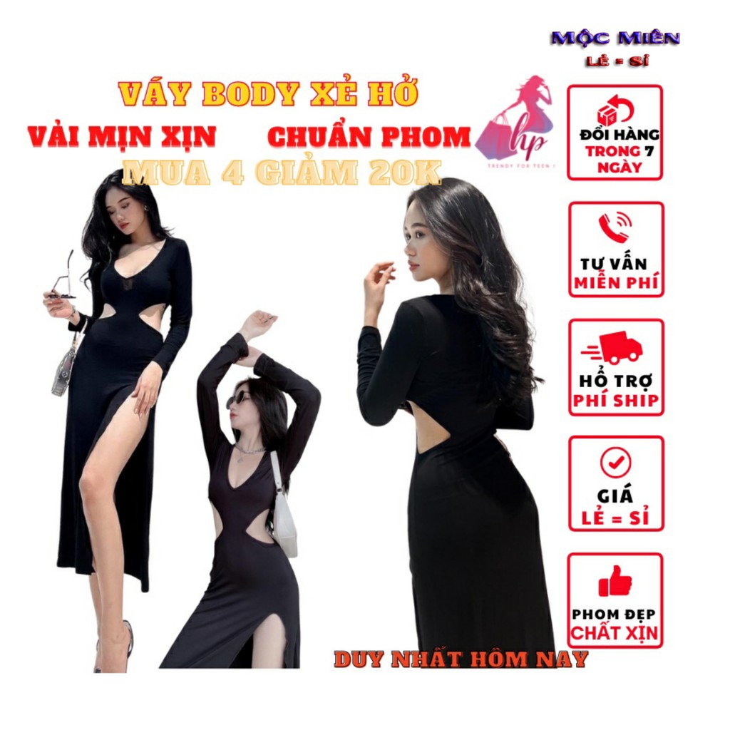 Đầm váy kiểu ôm body tay dài cổ tim khoét eo xẻ tà thun xịn sang chảnh phong cách hàn 2022 -mã VD01.