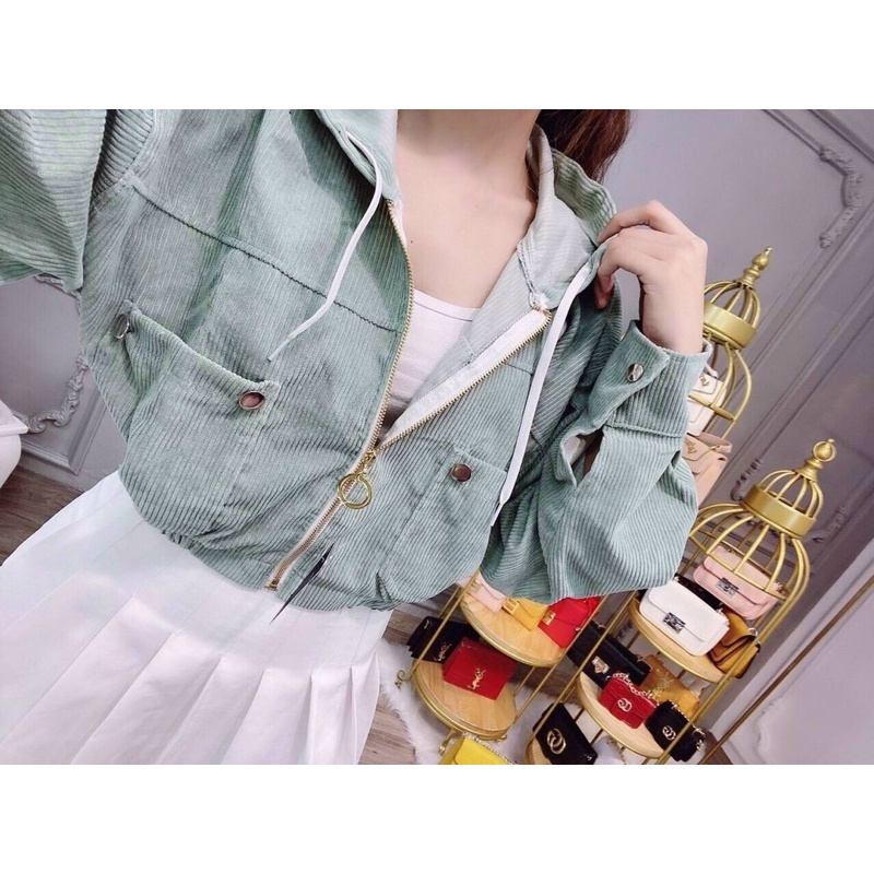 Áo khoác nhung croptop from dưới 65kg thiết kế gân nổi bậc có 2 túi trước kute