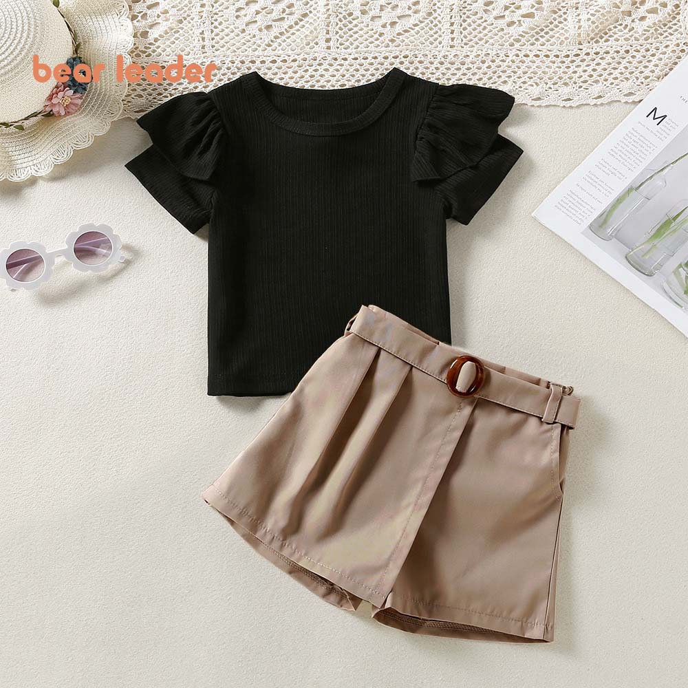 BEAR LEADER Set Áo Thun Tay Ren + Quần Short Thời Trang Xuân Hè Mới 2022 Cho Bé Gái 2-6 Tuổi