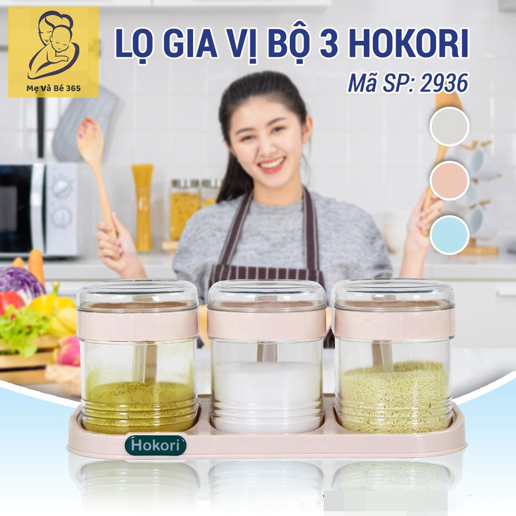 Bộ 3 lọ đựng gia vị Hokori kèm thìa và khay đựng tiện lợi nhựa Việt Nhật trong suốt, hũ gia vị có nắp 2936