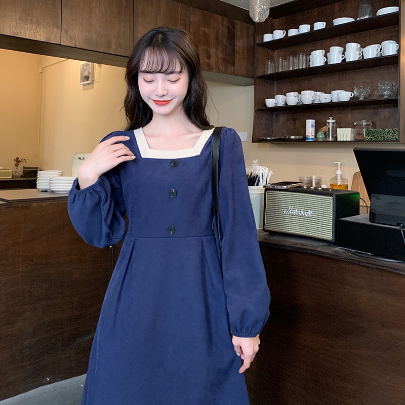 Đầm Nhung Kẻ Cổ Vuông Dáng Ôm Phong Cách Retro Thời Trang Hàn Quốc Cho Nữ