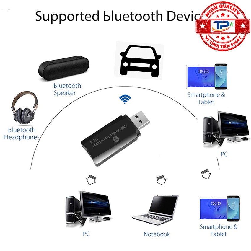USB Thu và Phát âm thanh Bluetooth 5.0 2 trong 1 BT-TX6 Music Audio Receiver Transmitter Dongle biến Loa, Amply, PC