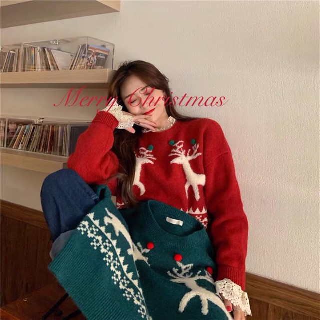 Áo len đỏ xanh tuần lộc xinh đi chơi noel