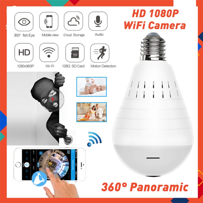 Camera HD 1080P wifi không dây kết nối hình bóng đèn xoay 360 độ Máy ảnh