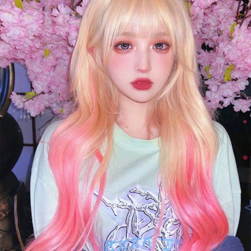 Bộ Tóc Giả Dài Xoăn Gợn Sóng Màu Hồng Bạch Kim Phong Cách lolita Dành Cho Nữ