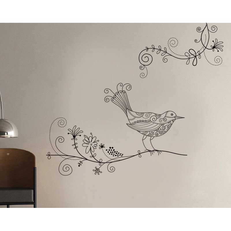 Decal trang trí tường / Kính Cao cấp - Chim hoa văn tinh tế ( 37x58 )