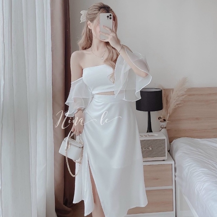 Set váy nữ áo trễ vai phối voan tơ kèm chân váy xẻ dễ thương tôn dáng cho nữ đi chơi dự tiệc
