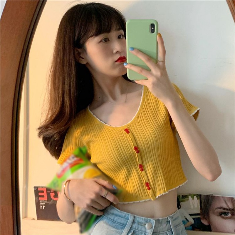 Áo Thun Dệt Kim Tay Ngắn Cổ Chữ V Phong Cách Hàn Quốc