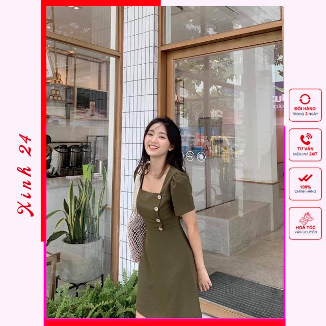 Đầm Nữ Cổ Vuông , Váy Cổ vuông Phối Nút Trẻ Trung đáng yêu | BigBuy360 - bigbuy360.vn