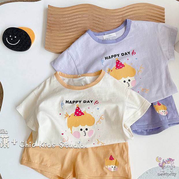 Set Áo Thun Tay Ngắn In Họa Tiết Hoạt Hình + Quần Short Năng Động Thời Trang Phong Cách Hàn Quốc Cho Bé