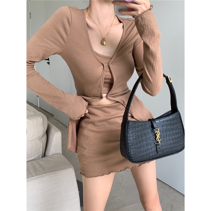 QKOOLE  Set Đồ 3 Món Gồm Áo Khoác cardigan Chống Nắng + Áo Sát Nách Quyến Rũ + Chân Váy Lưng Cao Thời Trang Hàn Quốc Cho Nữ