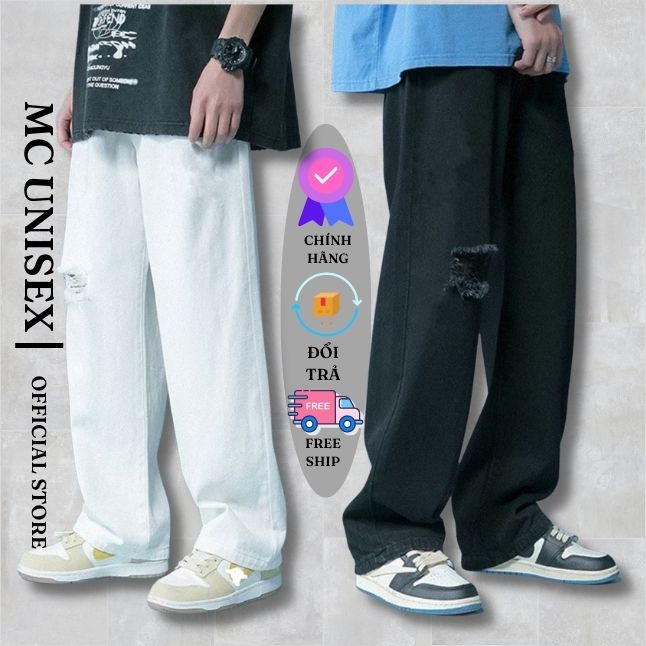 Quần jean baggy nam rách gối trắng đen suông rộng ống đứng dáng vải jeans bò co giãn 4 chiều Hottrend 2022