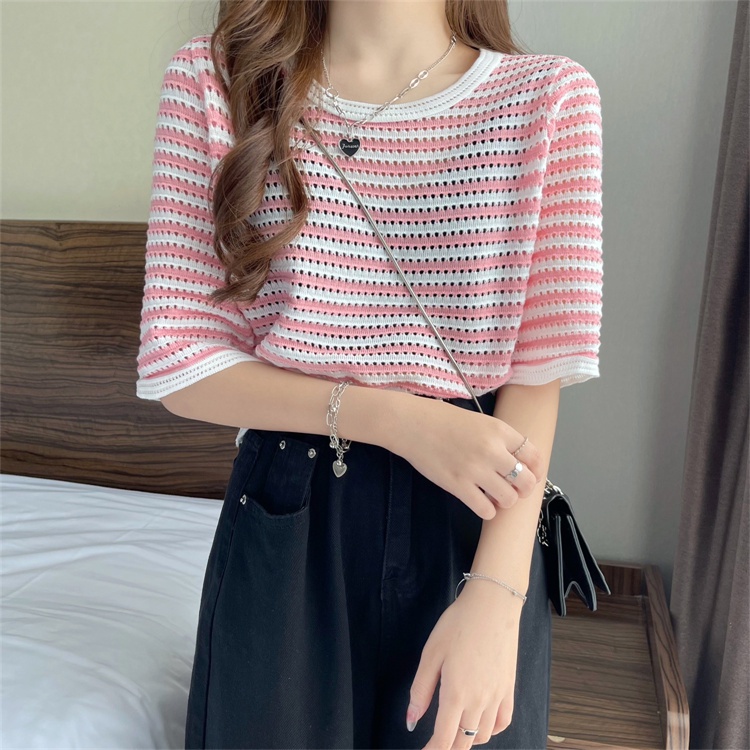 Áo lửng nữ len đan Leeva Shop phối sọc nhẹ nhàng A388