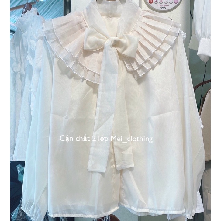 [Ảnh thật/sẵn] Áo sơmi tơ 2 lớp thiết kế cổ bèo dập ly/ sơ mi nữ