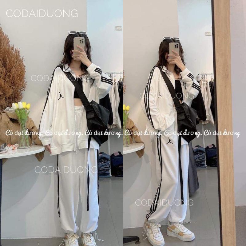 Bộ thể thao nỉ kẻ sọc jd mặc thu đông trẻ trung cá tính/ Set áo khoác nỉ khóa kéo kèm quần ống rộng 3 màu_Nanashop | BigBuy360 - bigbuy360.vn