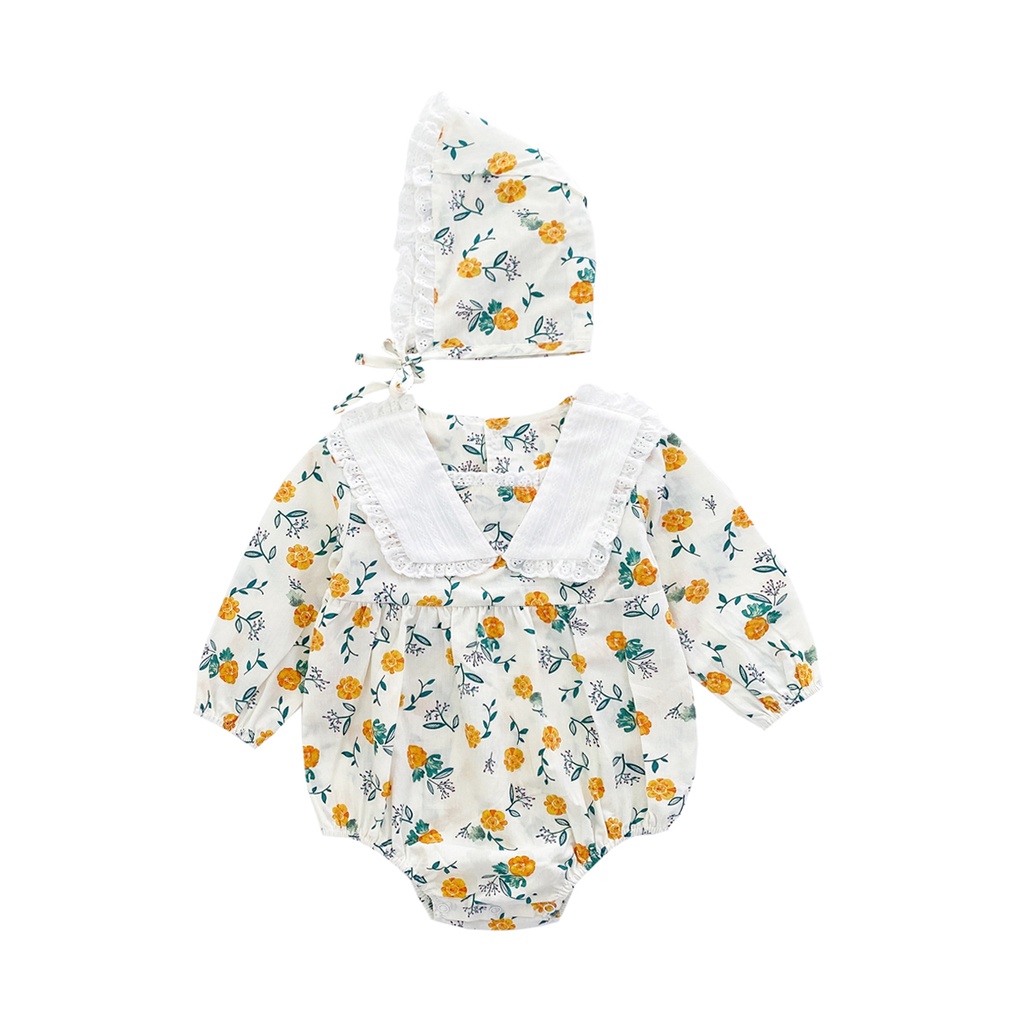 Bộ Áo Liền Quần Tay Dài In Hoa Kèm Mũ Thời Trang Mùa Thu Xinh Xắn Cho Bé Gái