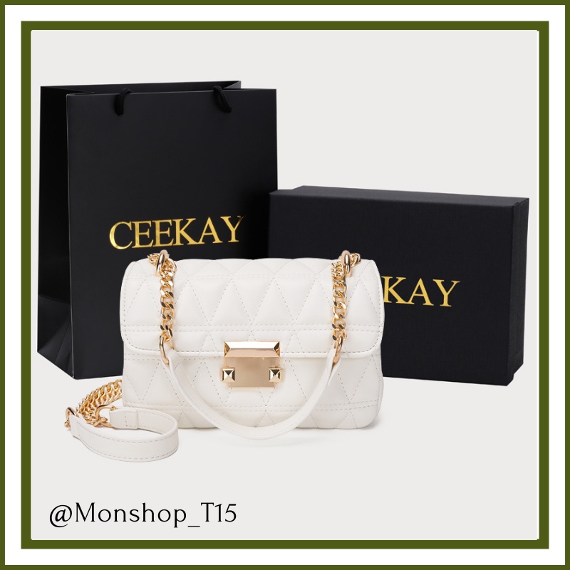 🌸order🌸 Túi xách da mềm đeo chéo nữ CEEKAY chính hãng vân tam giác khóa 2 nút - T15