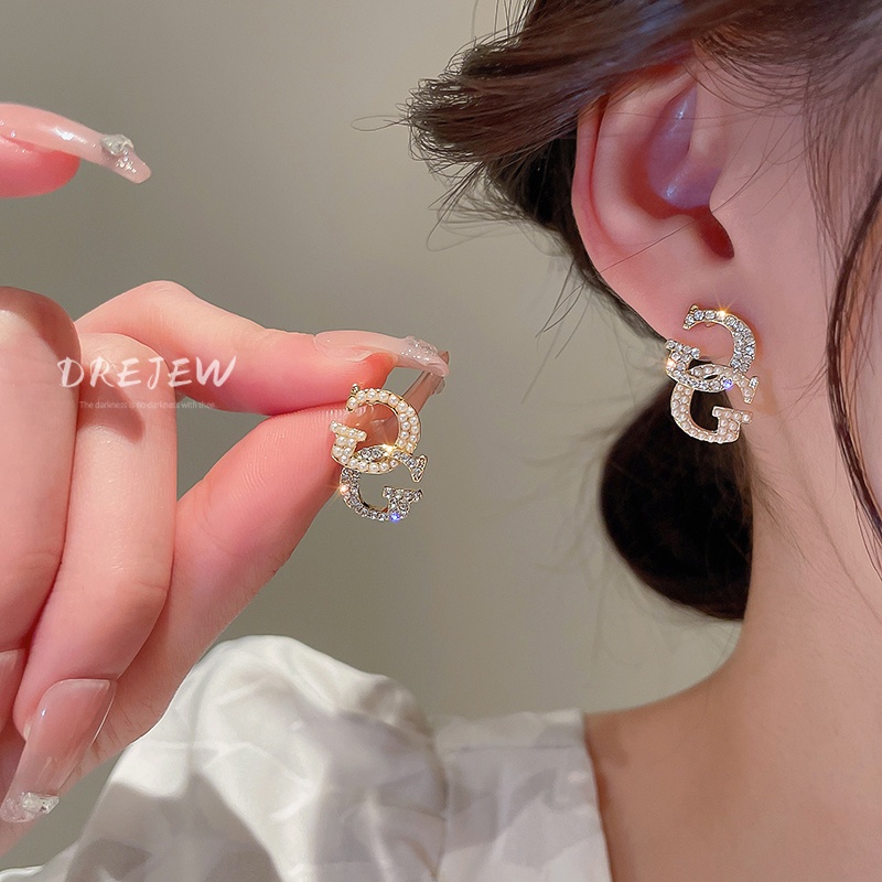 DREJEW Khuyên tai mạ bạc đính kim cương và ngọc trai phong cách Hàn Quốc sang trọng thời trang cao cấp