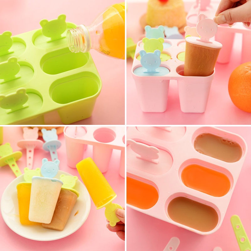 Khuôn Làm Kem Que 6 Ngăn Hình Gấu / Trái Cây Dễ Thương Diy