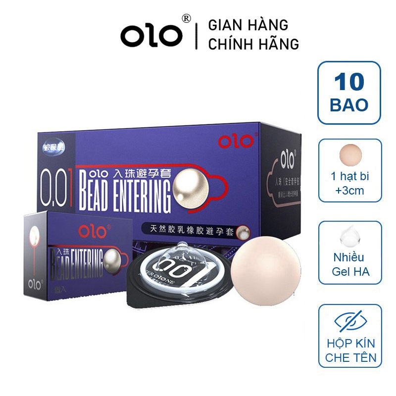 Bao Cao Su Olo Tăng Kích Thước 3cm Kéo Dài Thời Gian Tặng Kèm 1 Viên Bi Xanh [Hộp 10 Bcs Siêu Mỏng 001]