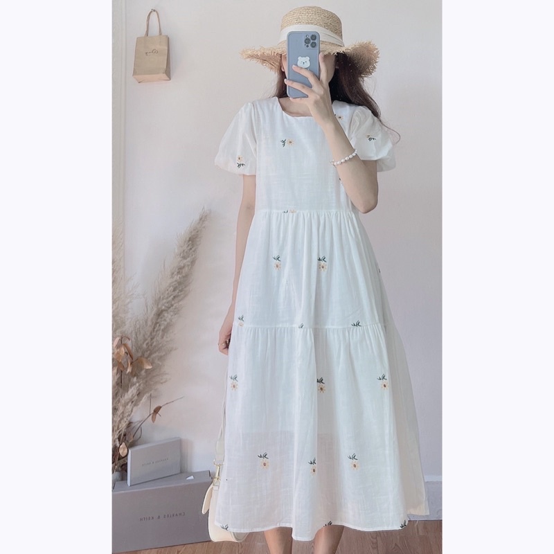 Đầm - váy babydoll hoa nhí tay bồng ( hoa vàng, hoa hồng)