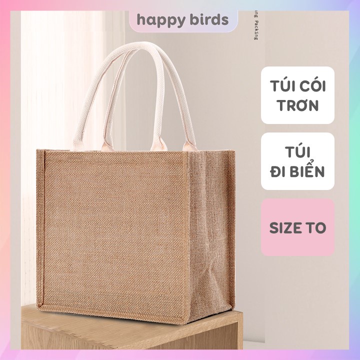 Túi cói trơn form cứng vintage đi bơi đi học đi làm đa năng đựng quần áo đồ dùng cá nhân nhiều size DIY HappyBirds