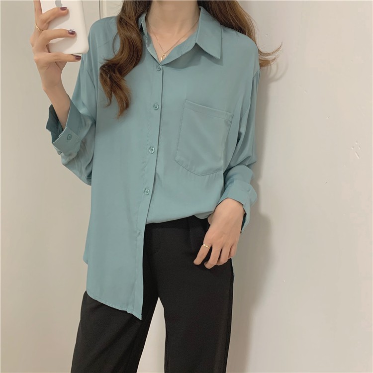 Áo sơ mi nữ tay dài dáng rộng màu trơn kiểu Hàn Quốc